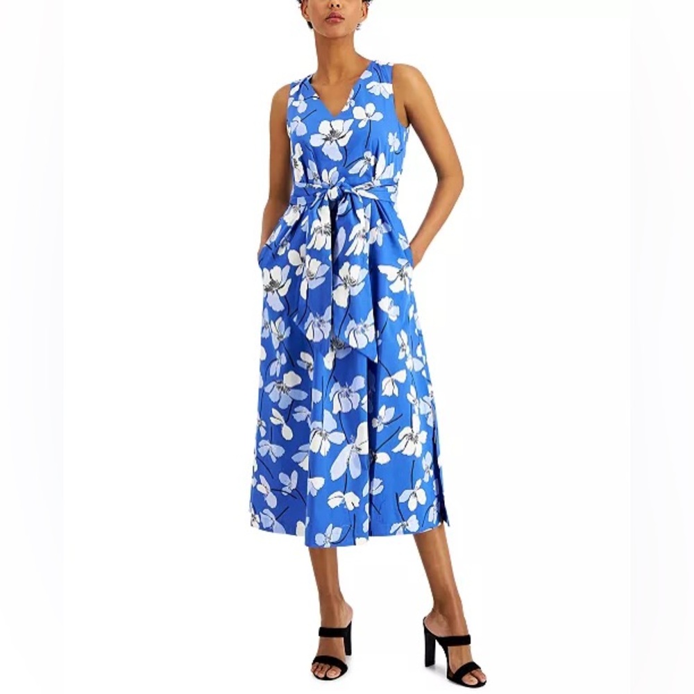 Anne Klein Blue Floral Midi Dress Size PM